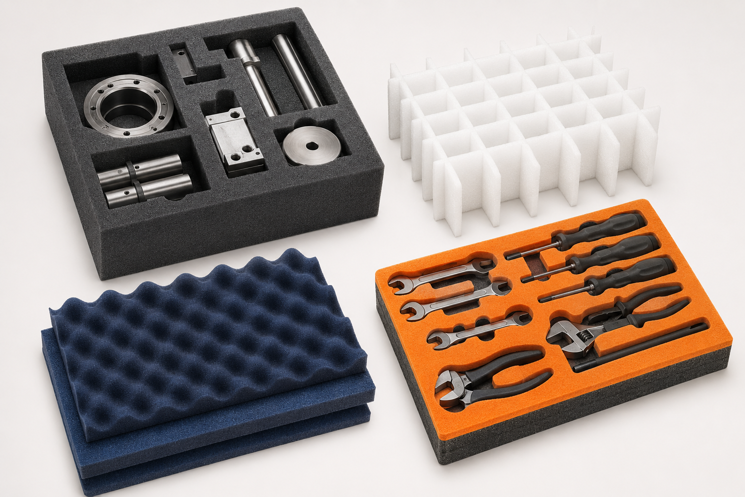Variedad de productos de FOAM, insertos, separadores y empaques industriales